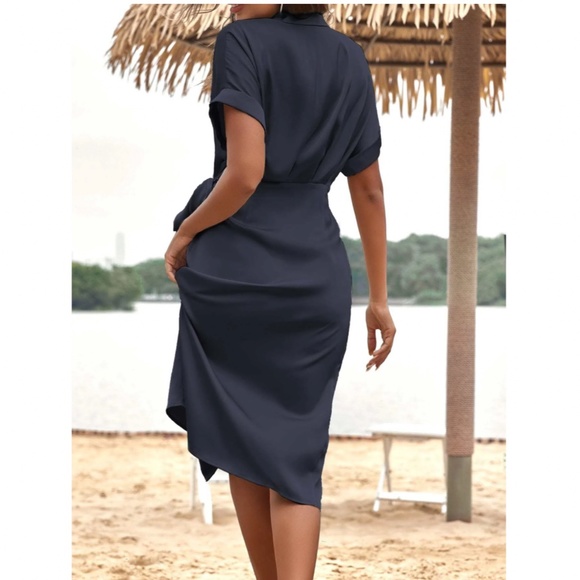 Navy Blue Satin Wrap Dress Side Tie Short Rolled Up Sleeves - Picture 2 of 7